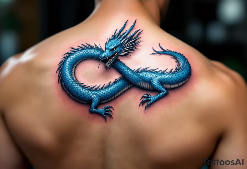 The design features a dragon, coiled in the shape of the infinity symbol (sideways number "8"). The dragon is depicted eating its own tail, symbolizing eternity and continuity, inspired by the Ouroboros.

Details:

The dragon's body has vibrant, glossy blue scales, with a smooth and polished texture.
It maintains a clean, balanced shape in the infinity figure, with sharp details and elegant flow.
Style:

The focus remains on the dragon's form, with no additional background elements to keep the design minimal and modern. tattoo idea