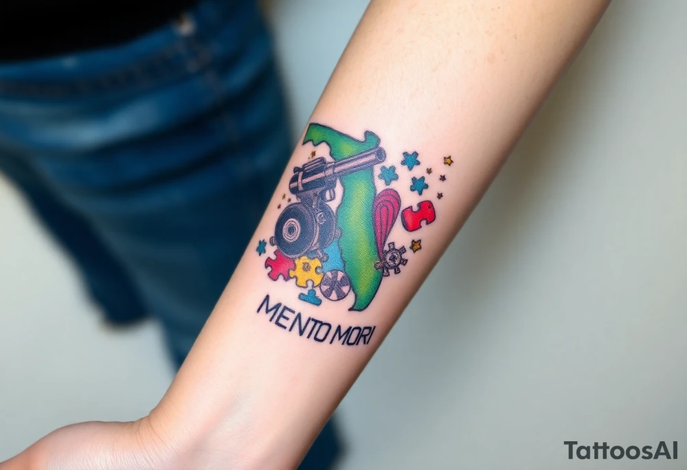 colorful futuristic memory tattoo for passed boyfriend; Florida, gulf coast water, Harley Davidson, skateboarding, puzzle pieces, video games, heaven, god, outdoors, guns, disc golf, words "MEMENTO MORI" tattoo idea