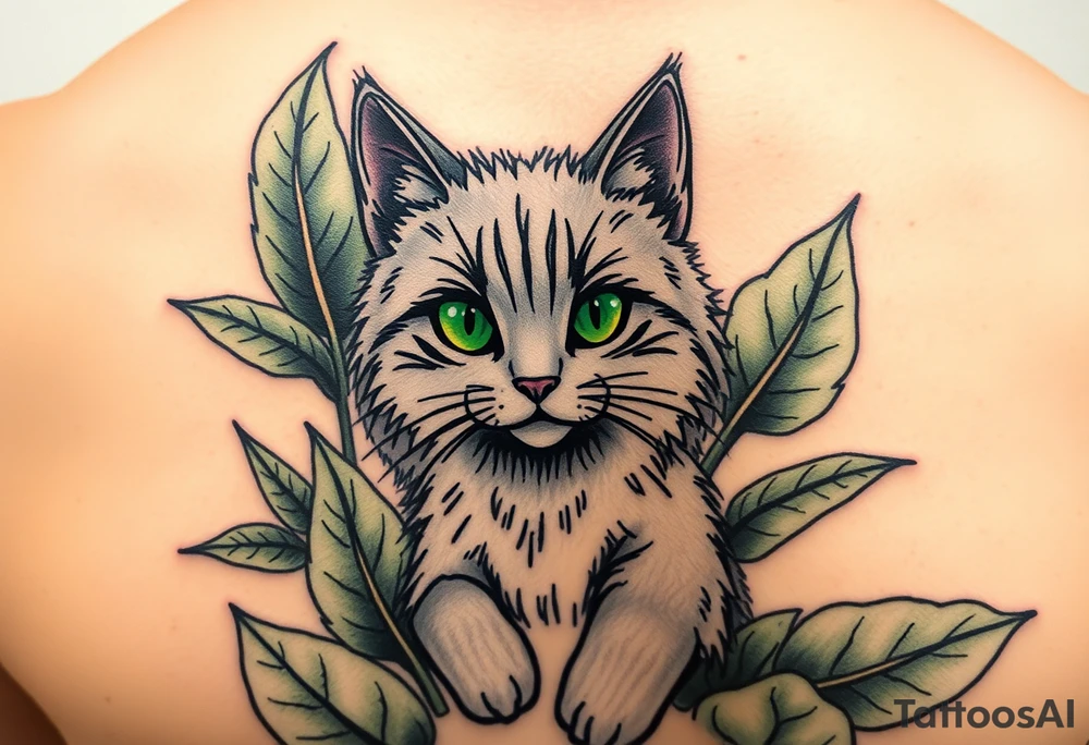 Minimalist cartoon style tattoo of along haired grey cat with green eyes surrounded buy house plants with huge green leaves tattoo idea