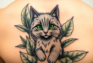 Minimalist cartoon style tattoo of along haired grey cat with green eyes surrounded buy house plants with huge green leaves tattoo idea