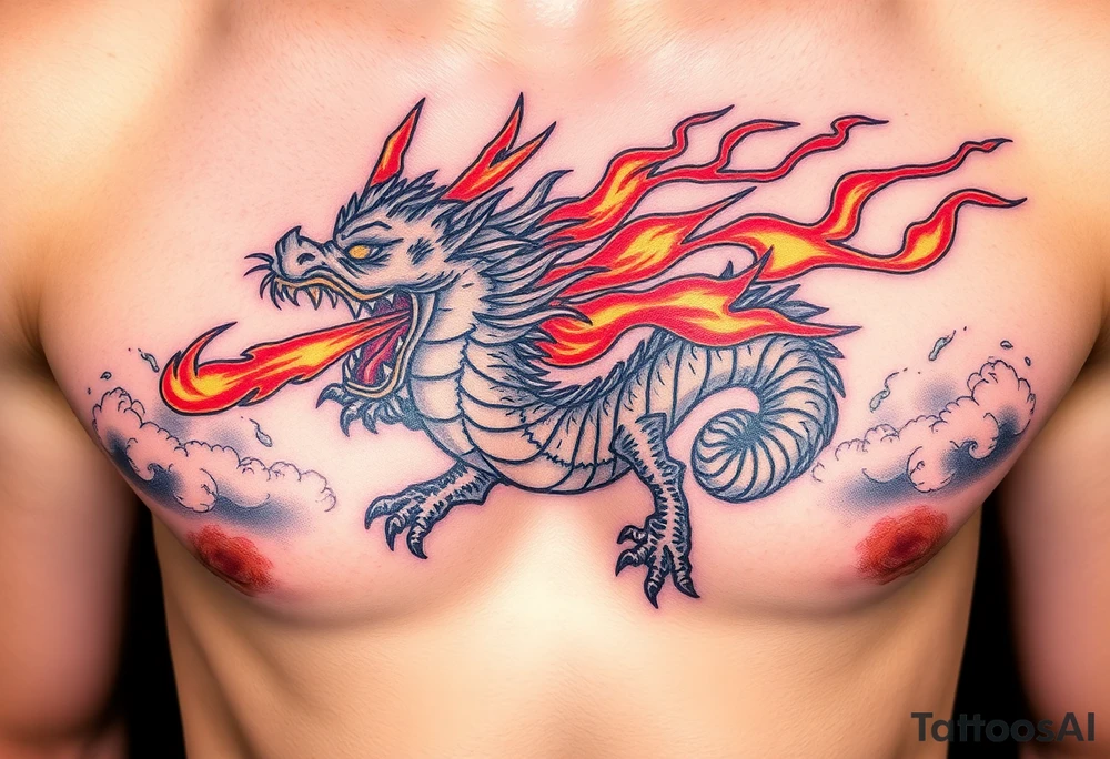 fierce dragon breathing iridescent fire against stormy skies tattoo idea