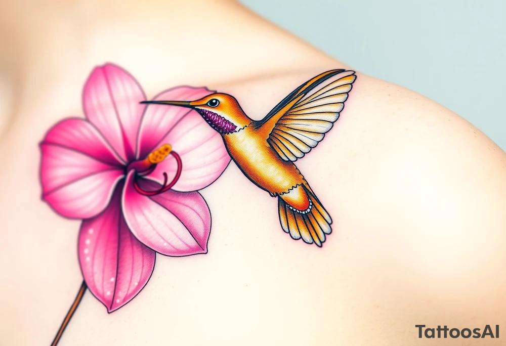 A golden hummingbird hovering near a vibrant pink orchid, capturing movement and grace tattoo idea