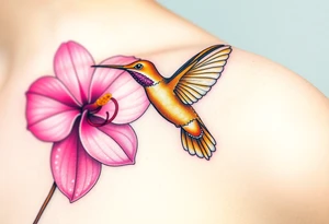 A golden hummingbird hovering near a vibrant pink orchid, capturing movement and grace tattoo idea