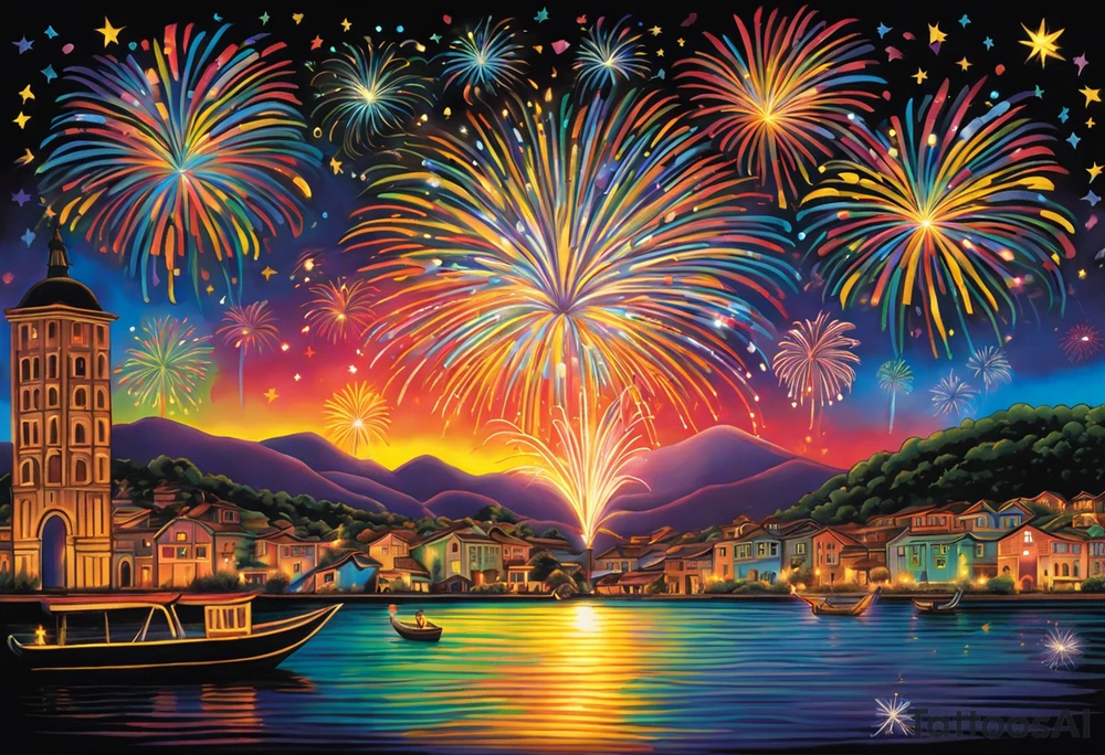 Fireworks burst across the night sky, surrounded by glowing candles and stars, capturing the magic and nostalgia of Colombian December nights. The scene is vibrant with multi-colored lights and an air of celebration. Soft linework mist or halos around the fireworks adds a magical, dreamy quality to the scene. The tattoo reflects joy and tradition, with an emphasis on warmth and festivity. tattoo idea