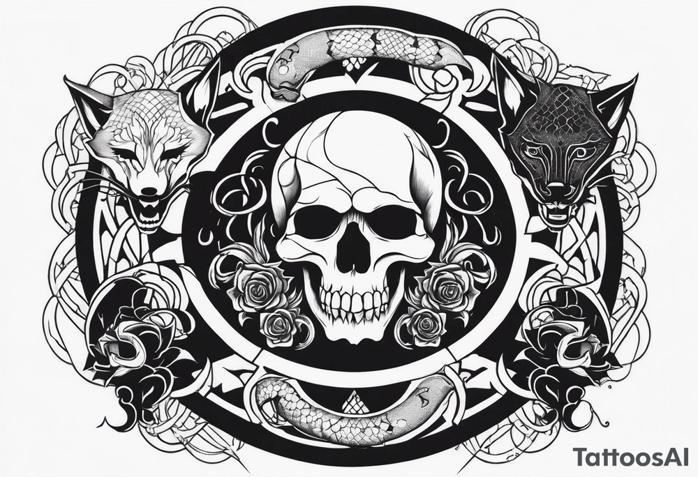 A skull, a Wolf and a Snake making a circle, insider a Hammer and a thunder tattoo idea
