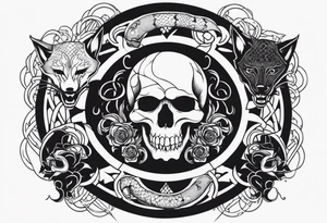 A skull, a Wolf and a Snake making a circle, insider a Hammer and a thunder tattoo idea