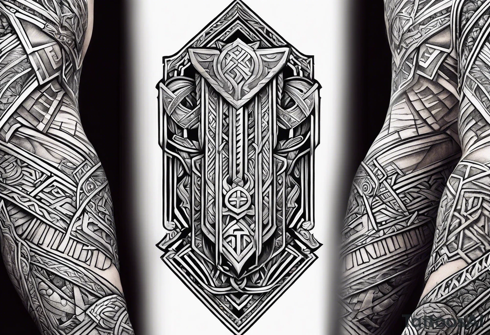 Full arm tattoo with a motif of Thor's armor, Norse runes, Norse symbols and Mjolnir tattoo idea