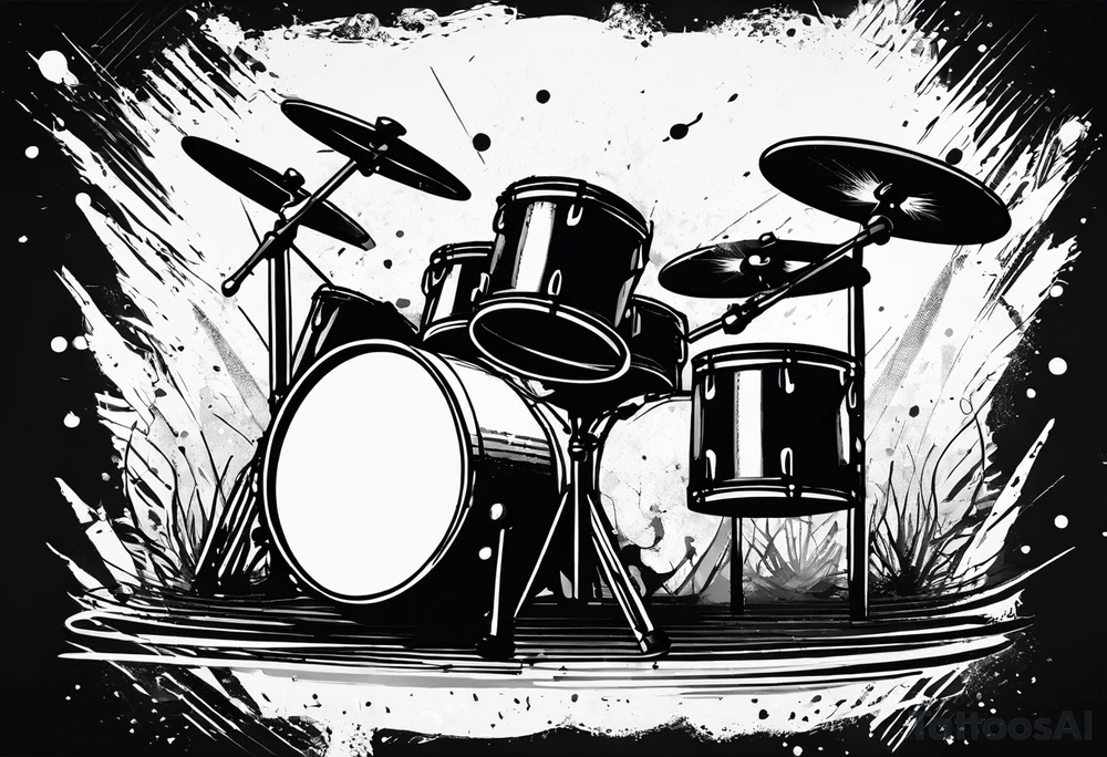 Stylized drums with sticks crossing over them, and a burst effect in the background to represent the energy of playing. tattoo idea