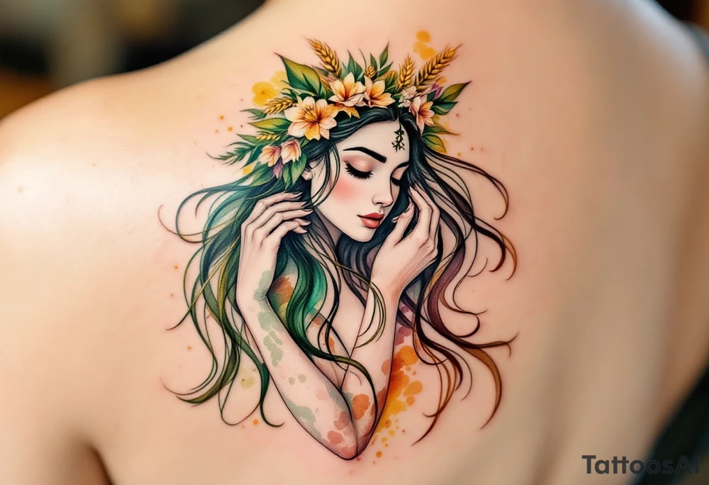 A beautifully detailed Virgo goddess with long flowing hair, wearing a delicate floral crown. She holds a stalk of wheat in her hand, symbolizing harvest and nurturing energy. The design is enriched with earthy tones like deep green, soft brown, and warm gold, enhancing Virgo’s grounded nature. tattoo idea