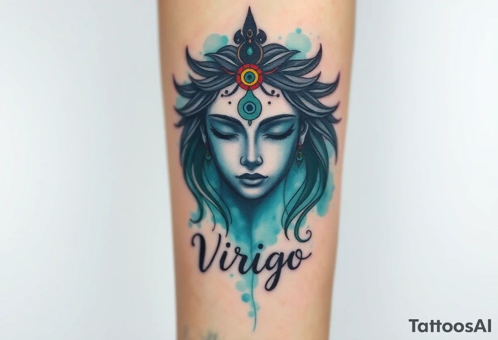 A serene goddess with closed eyes and a third eye glowing on her forehead, wrapped in a cosmic veil of turquise and mint dust with the word virgo tattoo idea