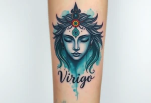 A serene goddess with closed eyes and a third eye glowing on her forehead, wrapped in a cosmic veil of turquise and mint dust with the word virgo tattoo idea