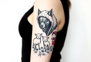 Big bad wolf nursery rhyme wearing a sheep costume with sheep head as hood and eat the three little pigs and little red riding hood in the woods tattoo idea