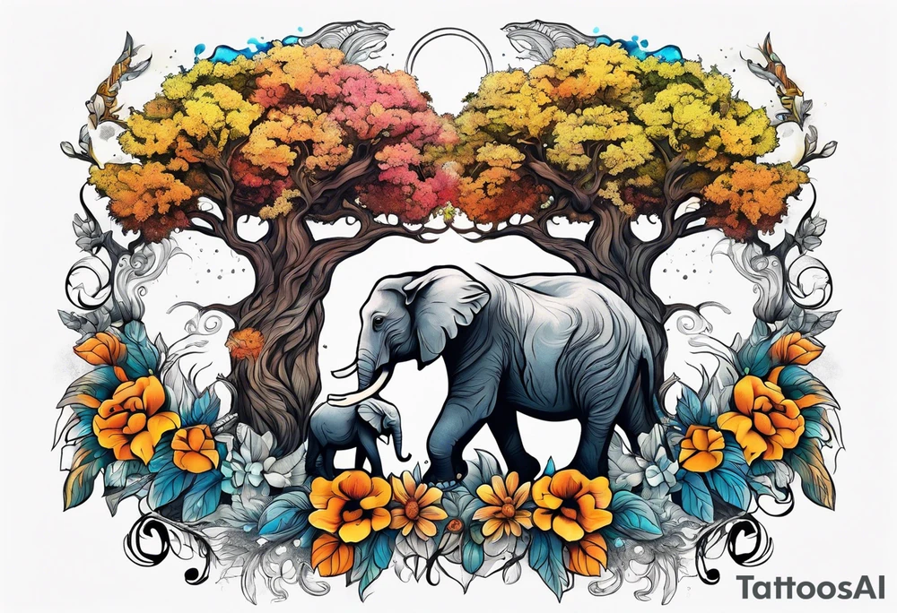 Two lions a elephant and a oak tree and flowers tattoo idea
