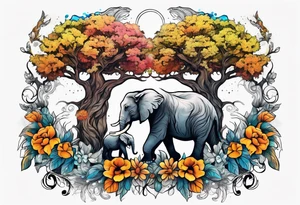 Two lions a elephant and a oak tree and flowers tattoo idea