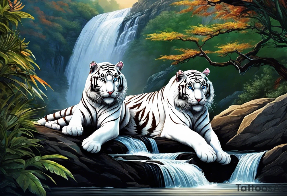 Two white tigers in nature separated by a waterfall tattoo idea