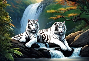 Two white tigers in nature separated by a waterfall tattoo idea