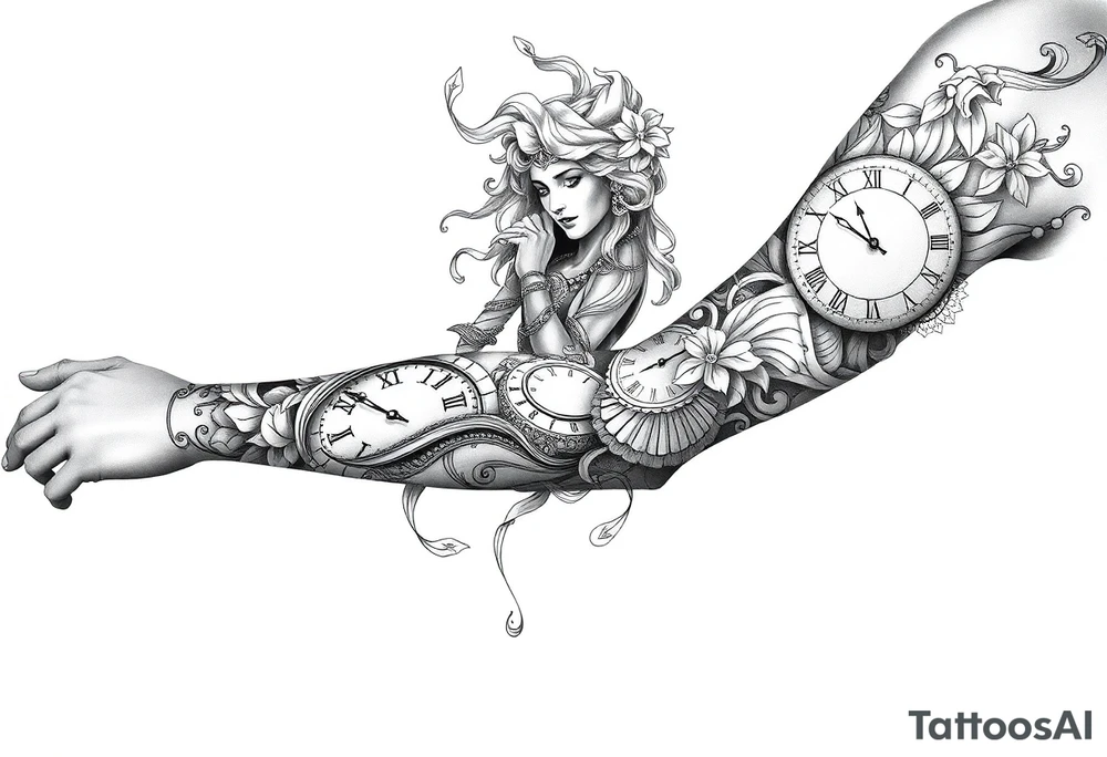 powerful Greek Goddess tattoo sleeve. add big pieces of greek goddess like medusa and Athena and add some piece in there of the weight scale and clocks and maybe little lettering in there. make it not super dark work use Pinterest inspiration. tattoo idea
