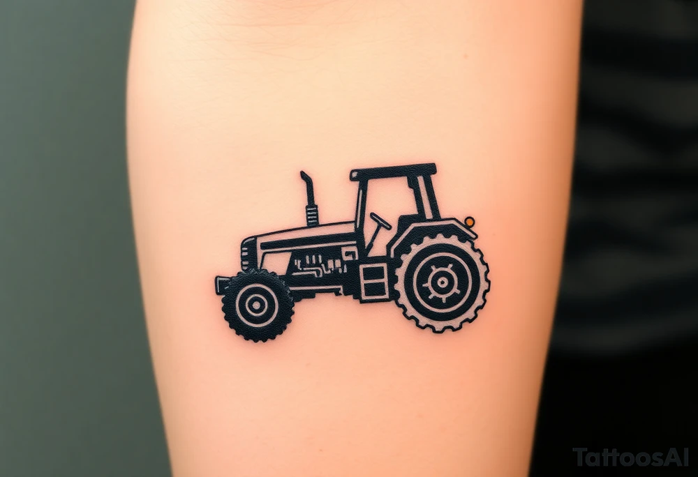 A black and chrome tractor silhouette, with bold shading and a strong, industrial aesthetic. tattoo idea