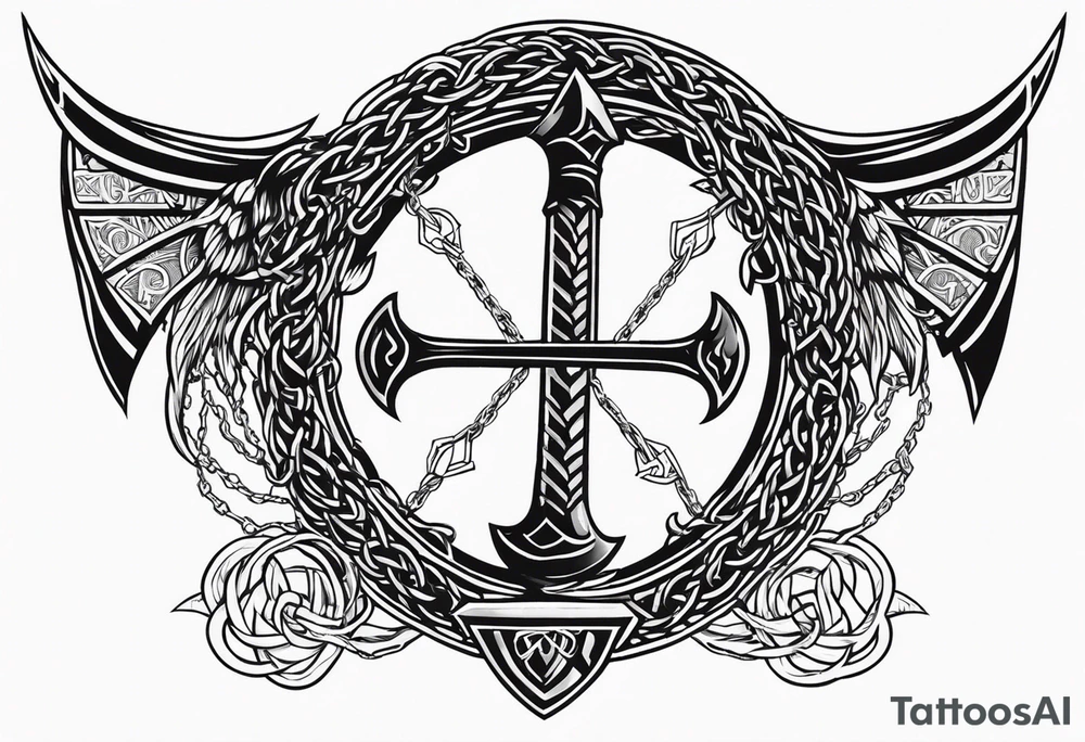 Valhalla sword shield dragon axe Valknut barbed wire chains tattoo idea Valhalla sword shield dragon axe Valknut barbed wire chains tattoo idea