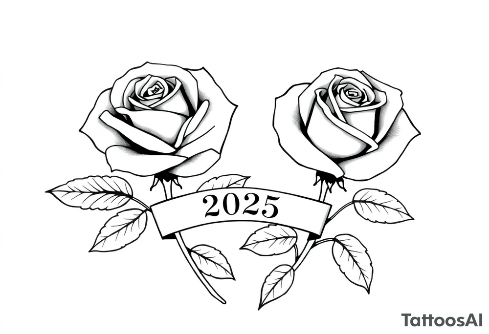 two beautiful large rose buds, one larger than the other, with many leaves next to the rose buds, with one sitting slightly higher than the other, side-by-side.  Include a banner connecting the two roses with the year 2025 on it.   Use dark outlines with little shading. No stems tattoo idea