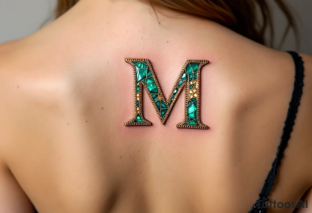 A mosaic-style "M" made of gold and emerald tiles, creating a royal effect. tattoo idea