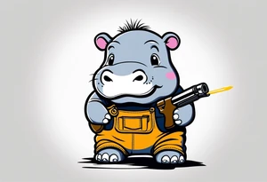 Baby hippo wearing overalls and holding a shotgun tattoo idea