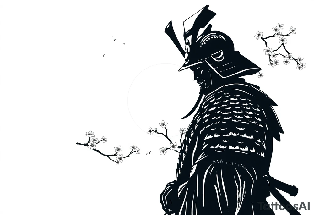 noble samurai warrior silhouette at sunset with cherry blossoms tattoo idea