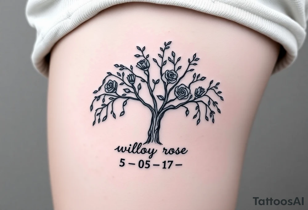 Willow tree with roses and the words "willow rose" and the numbers "05 - 17 - 18 tattoo idea