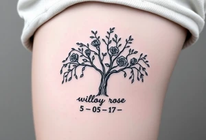 Willow tree with roses and the words "willow rose" and the numbers "05 - 17 - 18 tattoo idea