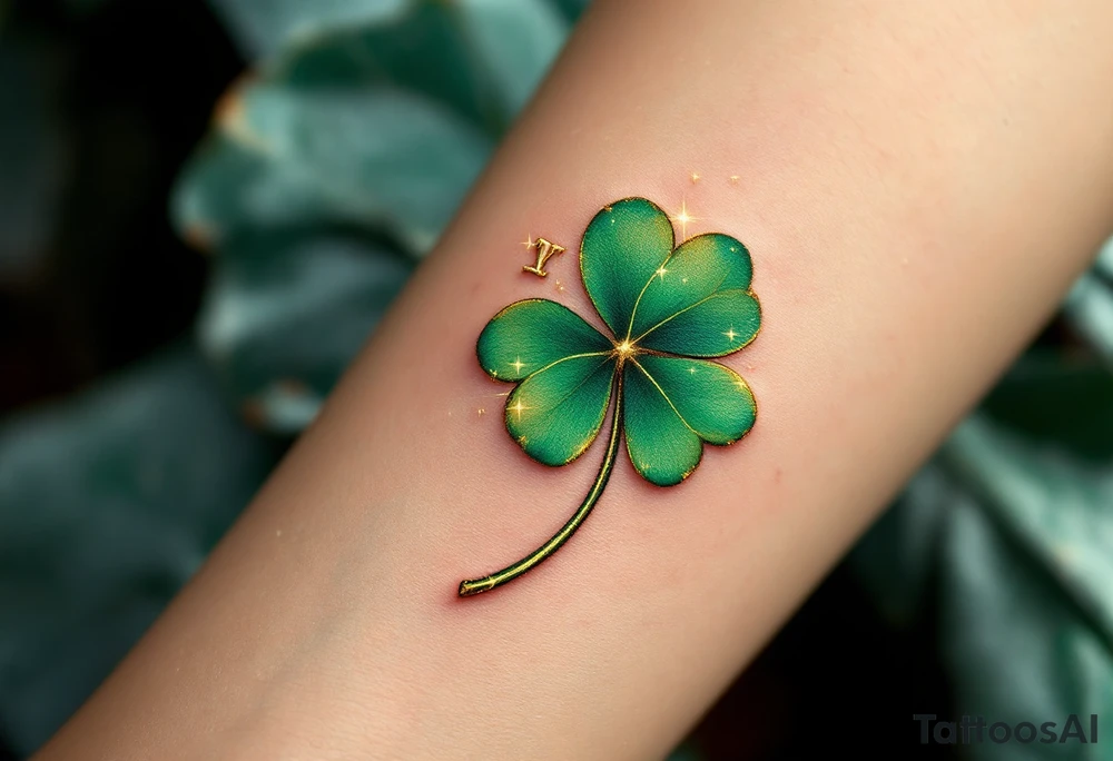 A golden rune is elegantly intertwined with a vibrant green four-leaf clover, symbolizing both luck and love. The clover's leaves have delicate golden veins, and a soft emerald aura surrounds the entire design. Tiny sparkles of light add a mystical touch, representing fate and serendipitous love. The rune sits at the heart of the clover, blending destiny and devotion into a single powerful symbol. tattoo idea