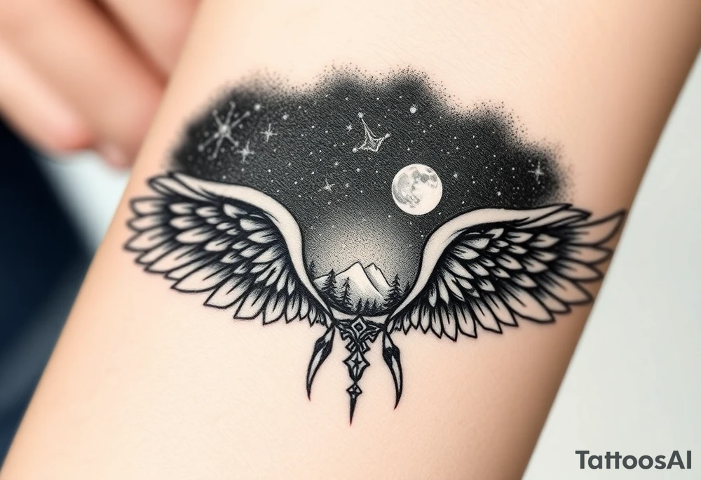 Night sky with constellation, stars & moon seen from a frame of natural landscape angel wings spiritual tattoo idea