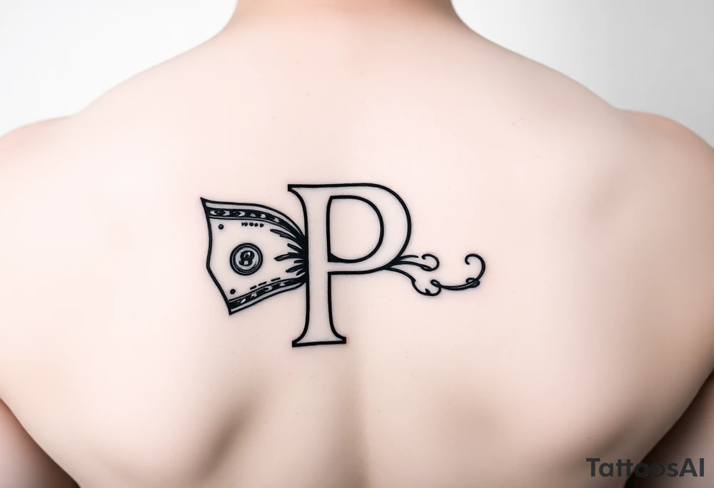 Small Letter P with a dollar bill coming out from the sides tattoo idea