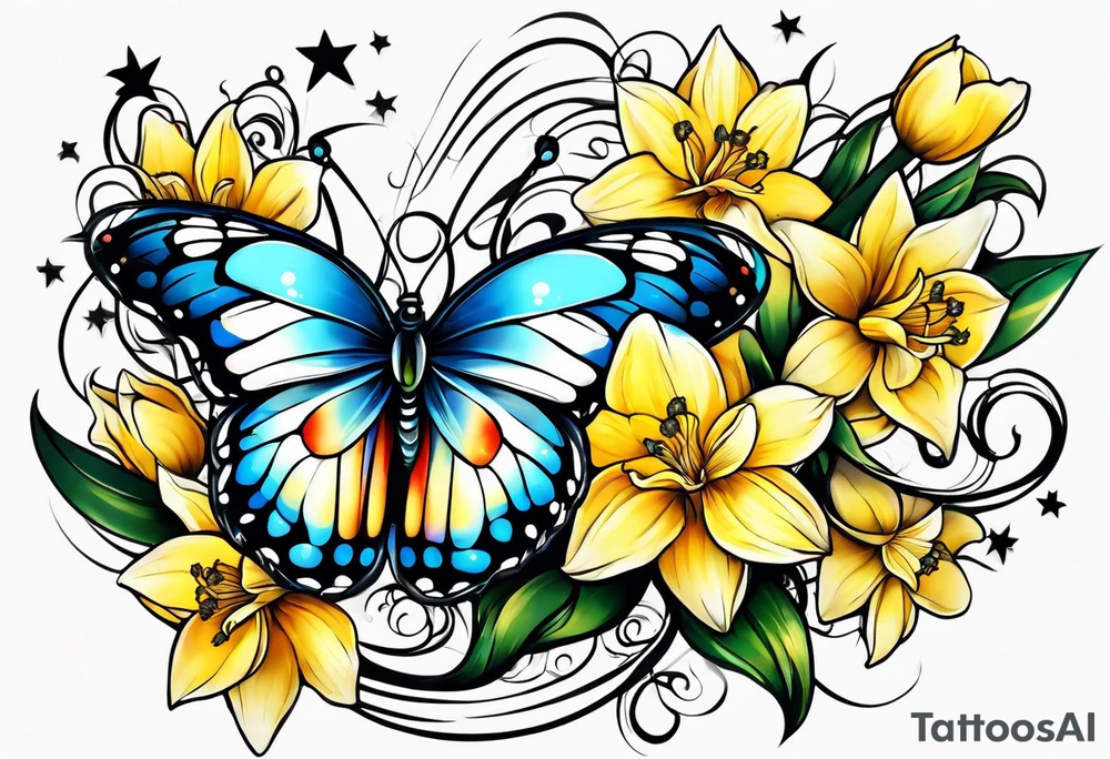 Butterfly, star and daffodils tattoo idea