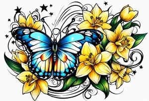 Butterfly, star and daffodils tattoo idea