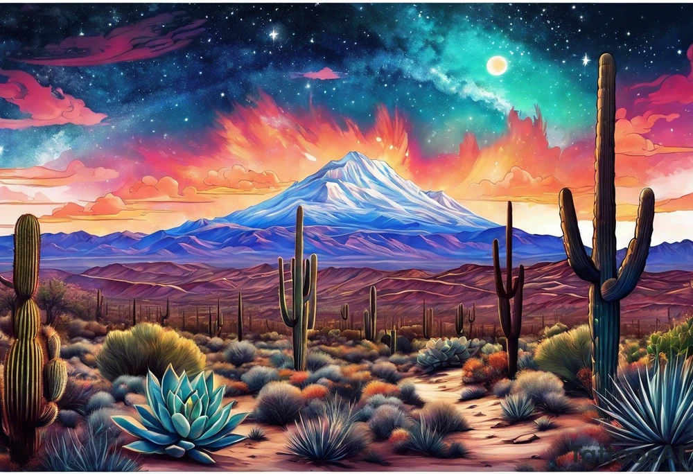 Galaxy sky with Arizona landscape with cactus tattoo idea
