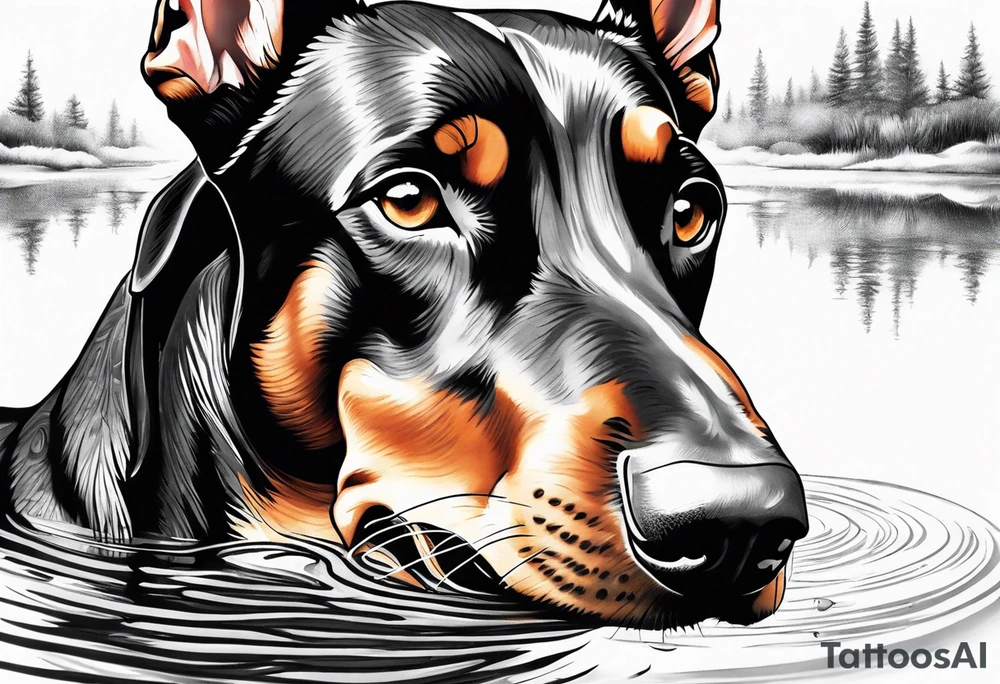 doberman looking into its own water reflection tattoo idea