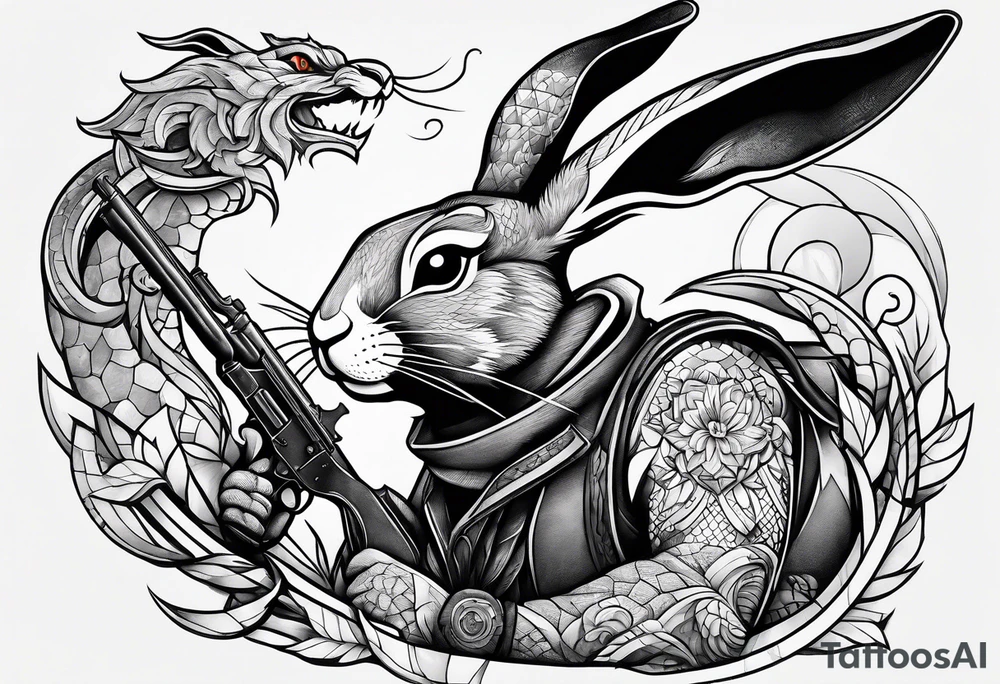 rabbit with gun fighting with dragon tattoo idea