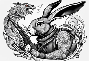rabbit with gun fighting with dragon tattoo idea