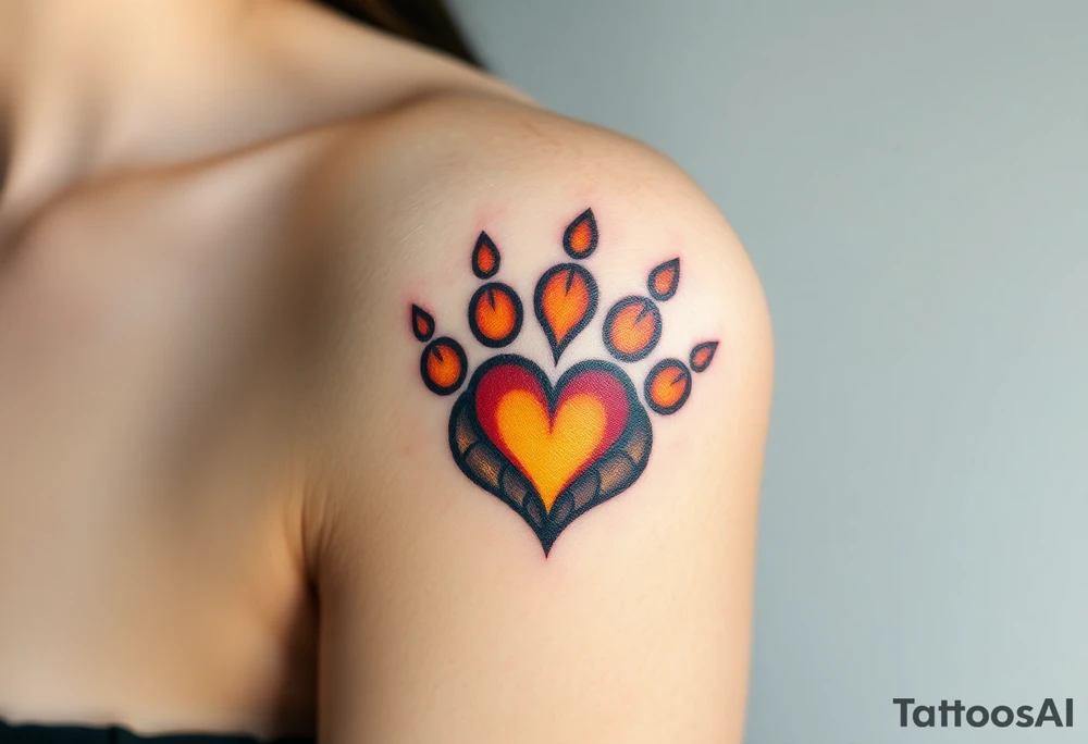 A lion paw imprint with golden highlights, the heart shape subtly emerging through warm tones of amber, burnt orange, and deep brown tattoo idea