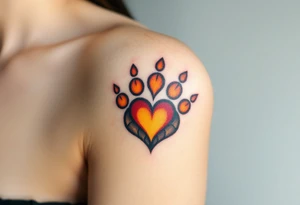 A lion paw imprint with golden highlights, the heart shape subtly emerging through warm tones of amber, burnt orange, and deep brown tattoo idea