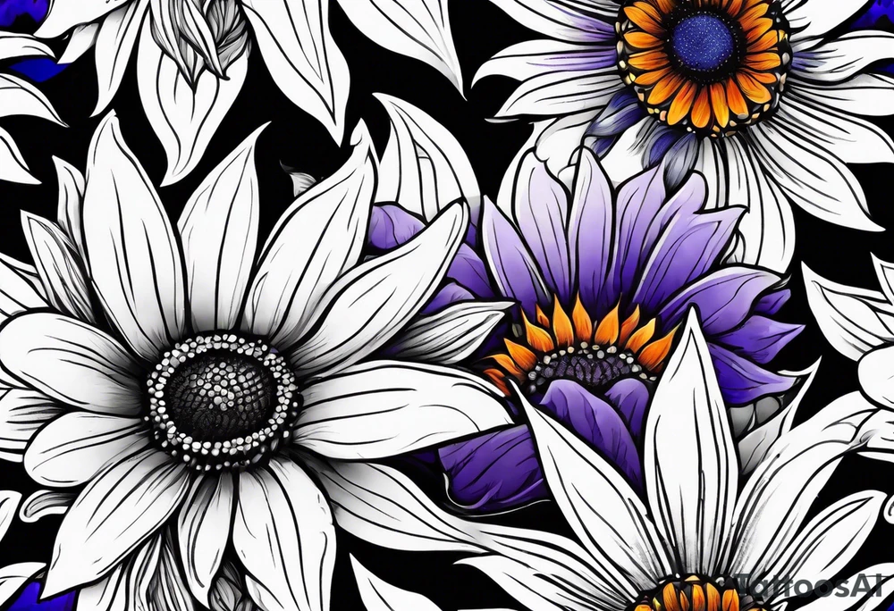 Full arm sleeve with purple, orange and blue sunflowers tattoo idea
