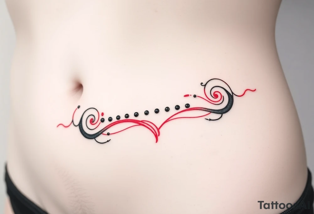 “-... .-. .- . .- .-.. ....... -.. .- .-- --- --- -.. .......” with swirl design in red ink on female hip bone/lower stomach tattoo idea