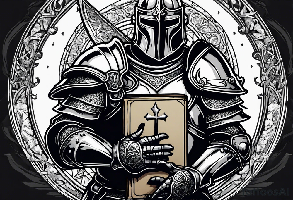 knight holding a bible over his head in combat with both hands tattoo idea