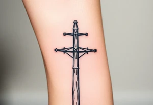 a wooden 12kv distribution pole with electrical lines. Make the pole a cross that has a hidden resemblance to god. tattoo idea