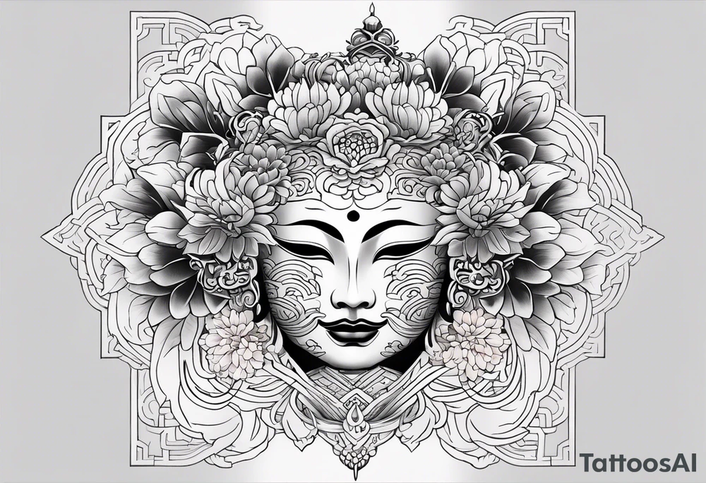 I want to combine japanese and ornamental styles. I want to have a full sleeve tattoo. i want a japanese mask in the top, japanese Chrysanthemum Flower in the bottom and fill the rest with ornamental tattoo tattoo idea