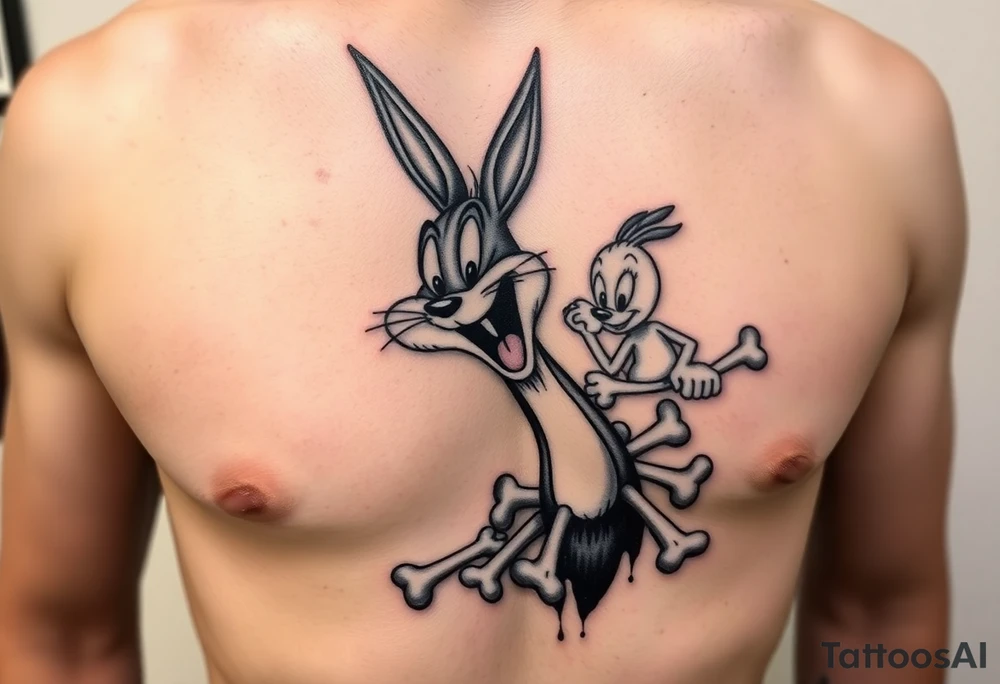 i want the looney toons breaking out of right rib cage and as their body parts exit they turn to bones (representing my four kids 3 boys 1 girl) taz, bugz, tweety, lola tattoo idea