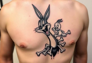i want the looney toons breaking out of right rib cage and as their body parts exit they turn to bones (representing my four kids 3 boys 1 girl) taz, bugz, tweety, lola tattoo idea