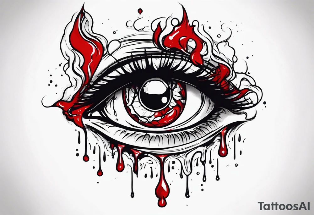 Bleeding tear flows to down from red eye Man sleeve tattoo design tattoo idea