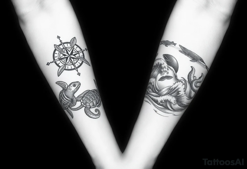 black and grey realist tattoo arm sleeve consisting of Compass Rose Placement: Centered on the inner forearm as a focal point.
Loggerhead Turtles: Swimming along the forearm, possibly near the wrist or upper arm.
Octopus: Wrapping its tentacles around the design, creating movement.
Whales: A large whale gliding through the upper forearm or bicep area.
Waves: Flowing throughout, acting as the background to tie everything together. tattoo idea