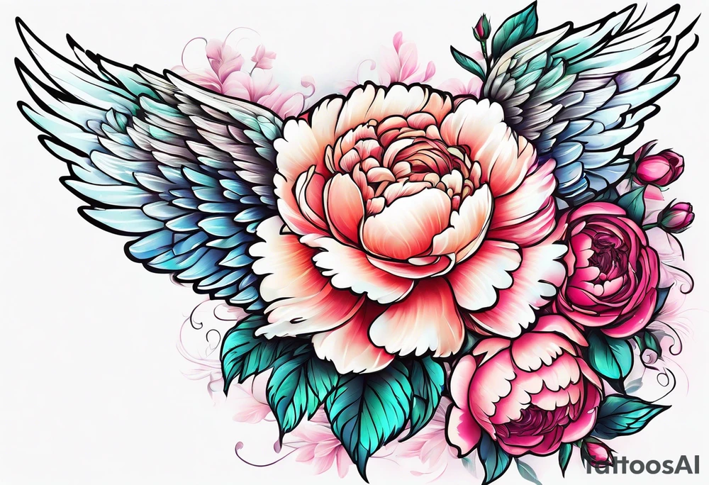 beautiful angel wings with floral peonies, roses, neon, brightly colored. highly detailed, tattoo idea